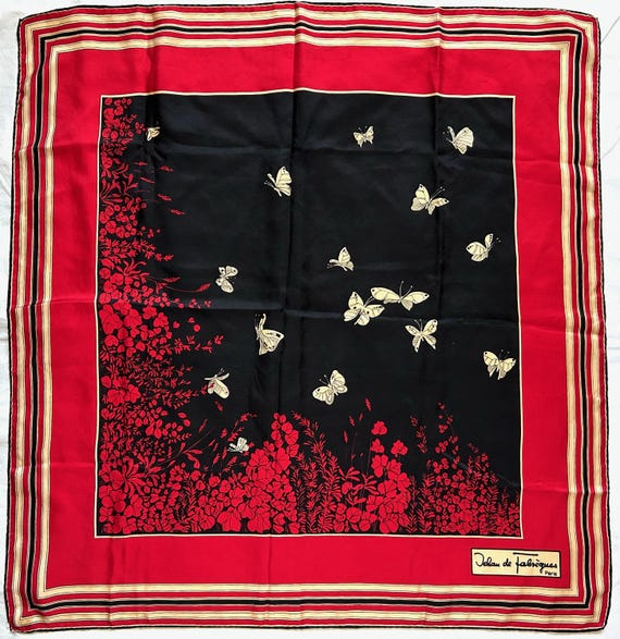 Jehan de Fabreques Paris Silk Scarf Butterflies Black Red Floral Twill Vintage