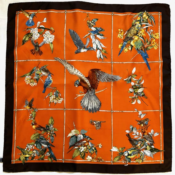 Orange Bird Silky Scarf   Vintage Salvatore Ferragamo 100% Silk Orange Birds and  main image 4