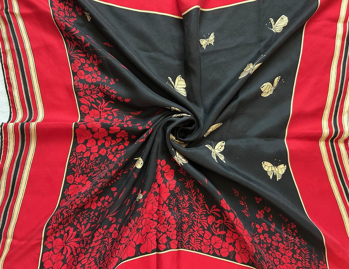Jehan de Fabreques Paris Silk Scarf Butterflies Black Red Floral Twill Vintage, foto 4 di 5