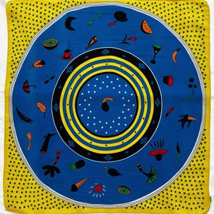 Vintage Silk Polka Dot Bandana: Playful Graphic Print Small Scarf Blue Yellow