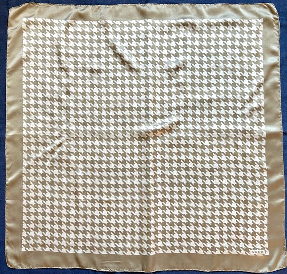 Vintage Aker Silk Scarf Houndstooth Geometric Beige Ivory Satin Hand Rolled Square Hijab