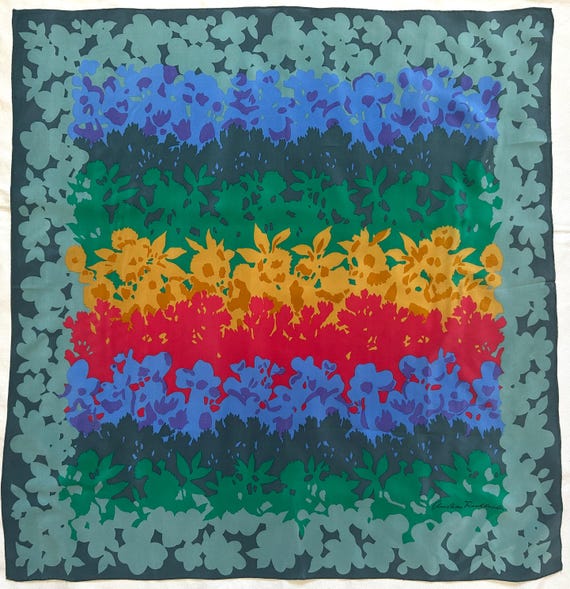 Vintage 70s Christian Fischbacher Silk Scarf Abstract Floral Hand Rolled Square