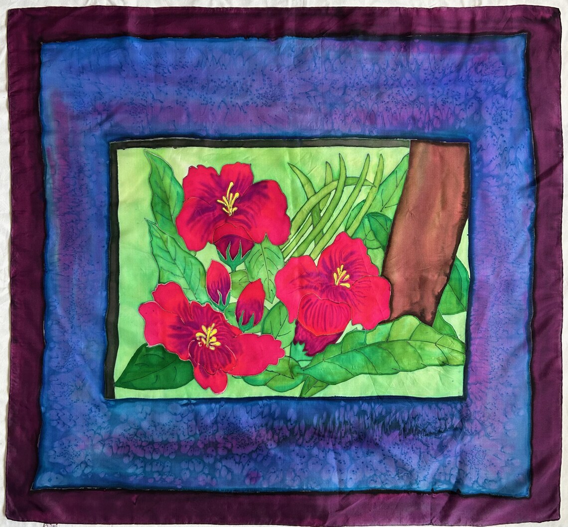 Vintage Hand Painted Silk Scarf, Red Floral Art, Large Square Pure Scarf, foto 1 di 5