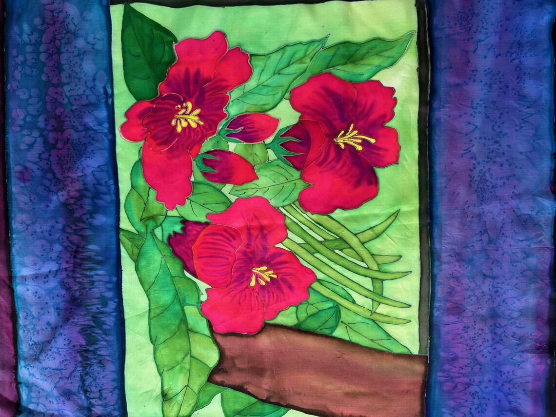 Vintage Hand Painted Silk Scarf, Red Floral Art, Large Square Pure Scarf, foto 3 di 5