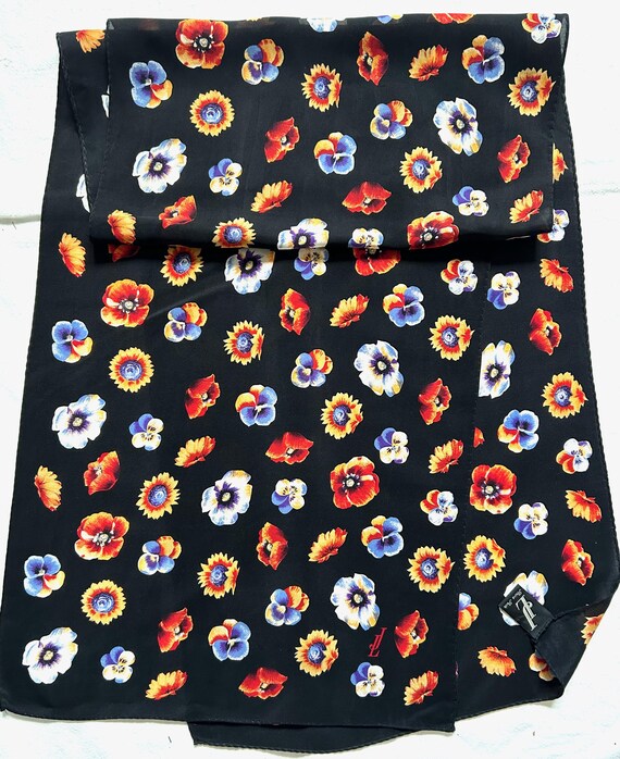 Vintage JL Jammers & Laufgen Silk Scarf Floral Long Black Elegant Neck Scarf Colorful Flower