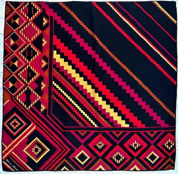 Vintage Valentina Ferrari Silk Scarf: Geometric Tribal Hand Rolled Luxury Square