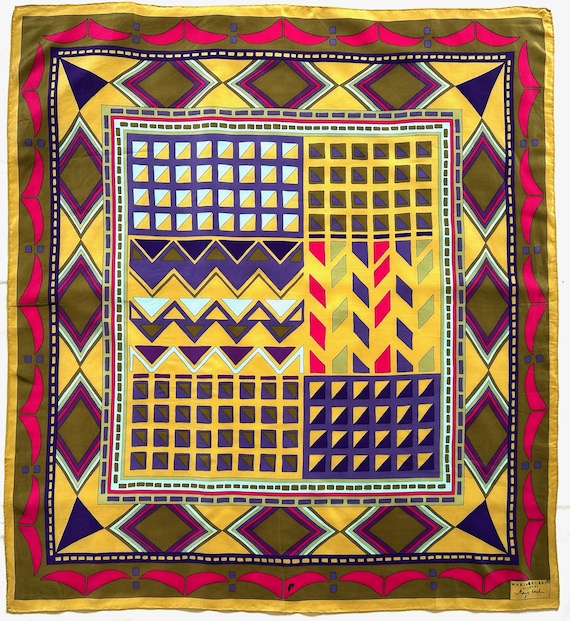 Marja Kurki Vintage Silk Scarf Finland Nordic Modernist Geometric Pastel Hand Rolled Crepe de Chine