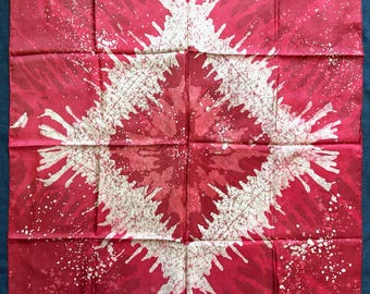 Vintage Hand Painted Batik Silk Scarf: Abstract Red Pink White