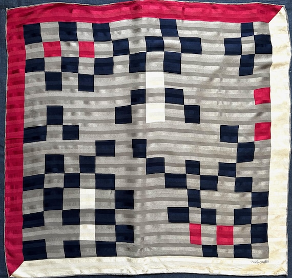 Fisba-Stoffels Vintage Silk Scarf – Swiss Designer 1960s Geometric Minimalist Geometric Jacquard
