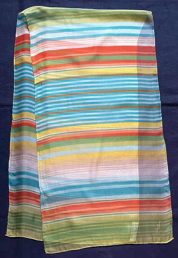 Vintage JL Jammers & Laufgen Silk Scarf – Sheer Multicolor Stripes, Hand Rolled Edges
