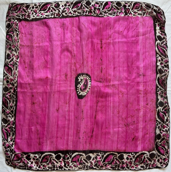 Vintage Indian Raw Silk Scarf Hand Painted Batik Paisley Magenta
