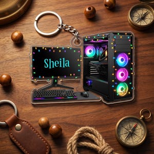 Custom Gaming PC Keychain with Name, Personalized Gamer Room Keyring, RGB Computer Setup Gift, Video Game Lover Charm, Streamer Gift