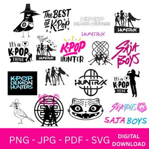 Peut inclure: Plusieurs motifs numériques sur le thème de la K-Pop en noir, blanc et rose. Les motifs comprennent du texte tel que "The Best of K-Pop", "K-Pop Hunter" et "Saja Boys", ainsi que diverses illustrations graphiques. Le bas de l'image indique "PNG - JPG - PDF - SVG TÉLÉCHARGEMENT NUMÉRIQUE".