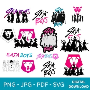 Pode incluir: Uma coleção de gráficos digitais para download com o texto "Saja Boys" em vários estilos e cores, incluindo rosa, preto e azul-petróleo. Os designs incluem silhuetas de pessoas e logotipos de cabeça de leão.
