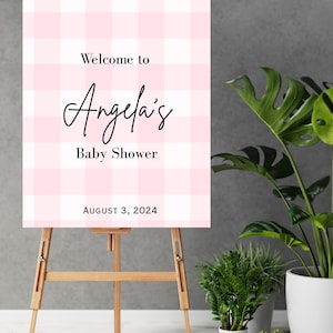 Gingham Pink Plaid Baby Shower Welcome Board Sign Modern Minimalist Simple Digital Download