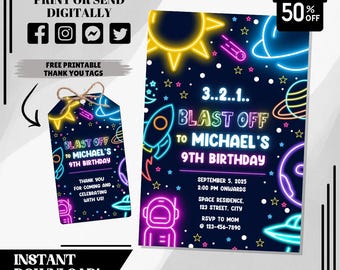 Invitación de cumpleaños espacial editable / Invitación para fiesta espacial / Plantilla imprimible / Descarga instantánea