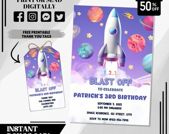 Invitación de cumpleaños espacial editable / Invitación para fiesta espacial / Plantilla imprimible / Descarga instantánea