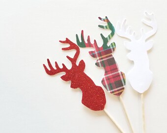 Plaid Deer Cupcake Toppers | Antler Rack, Deer Cake Topper, Camping Baby Shower, Christmas Decorations