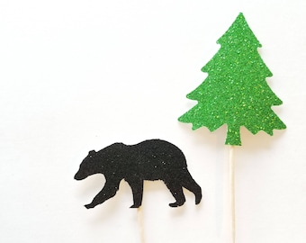 Mountain Bear + Tree Cupcake Toppers Combo | Camping Baby Shower | GLITTER BEARS & TREES