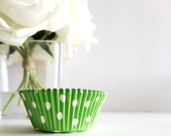 Cupcake Cups | 24 | Cupcake Wraps, Cupcake Baking Cups, Camping Party Decorations | Green Polka Dot