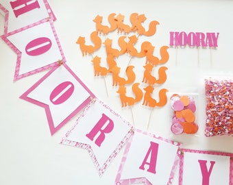 Complete Party Kit, HOORAY Banner | Fox Party Theme, First Birthday Party Decorations