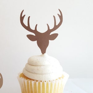 Toppers para cupcake de veado | Rack de chifre |  Topper de bolo de cervo, aventura aguarda chá de bebê | CARTÃO