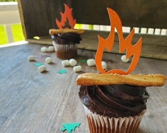 Campfire Cupcake Toppers | Camping Baby Shower, One Happy Camper, First Birthday Party Decorations | GLITTER