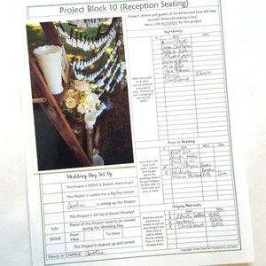 May include: A wedding day set-up checklist, titled "Project Block 10 (Reception Seating)", with handwritten notes. The checklist includes sections for ingredients, tasks, and staging materials. A photo of a wedding reception is included.