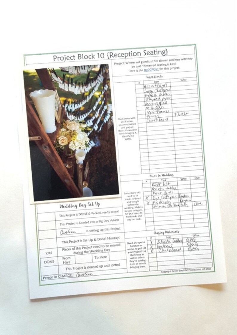 May include: A wedding day set-up checklist, titled "Project Block 10 (Reception Seating)", with handwritten notes. The checklist includes sections for ingredients, tasks, and staging materials. A photo of a wedding reception is included.