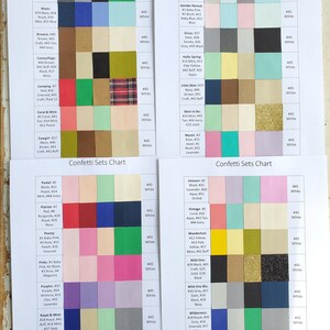 May include: A chart with color swatches for different confetti sets. The chart is divided into sections with names like "Adventure", "Elephant", "Pastel", "Unicorn", "Vintage", "Wanderlust", "Wild One", "Wild One Blu", "Wilderness", and "Woodland Fox". Each section has a grid of color swatches with corresponding numbers.