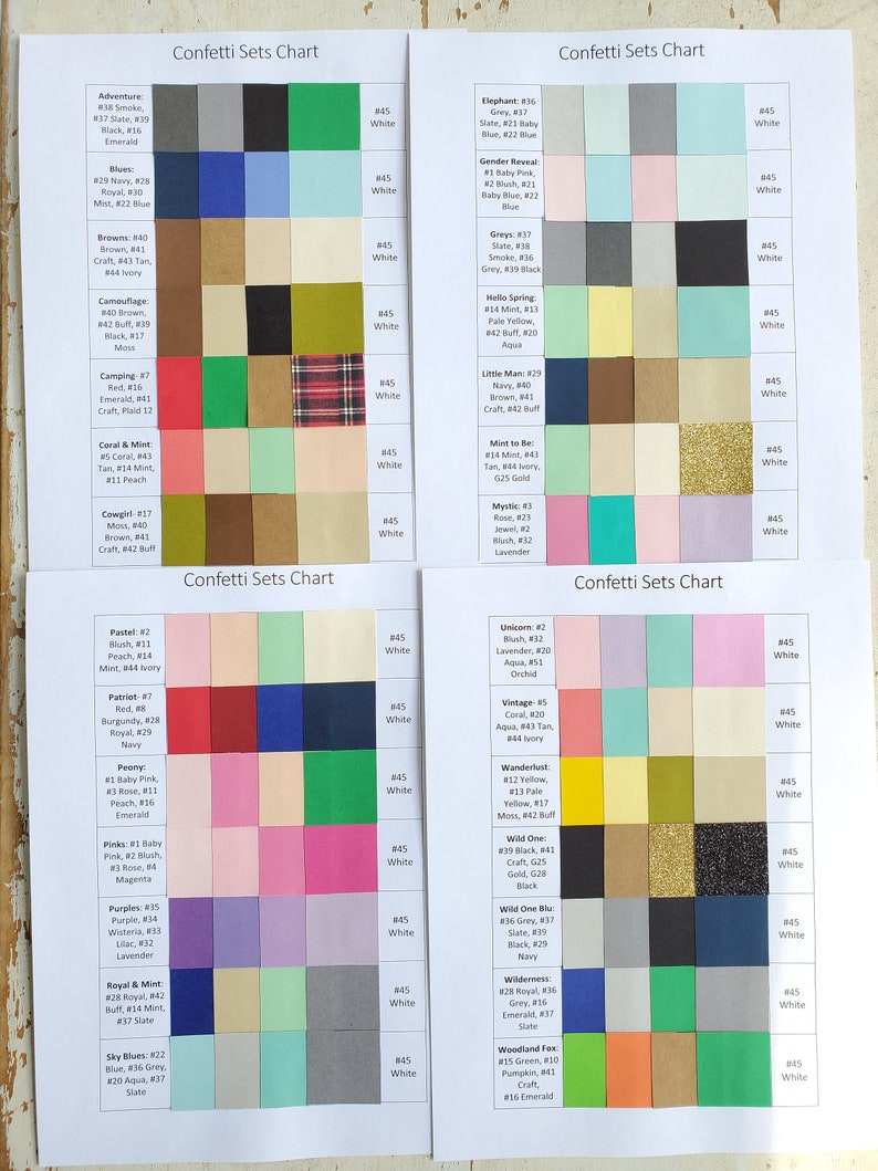 May include: A chart with color swatches for different confetti sets. The chart is divided into sections with names like "Adventure", "Elephant", "Pastel", "Unicorn", "Vintage", "Wanderlust", "Wild One", "Wild One Blu", "Wilderness", and "Woodland Fox". Each section has a grid of color swatches with corresponding numbers.
