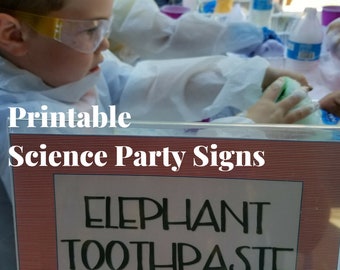 May include: Printable science party sign for an elephant toothpaste experiment. The sign includes instructions for the experiment, including the ingredients and steps. The sign is printed on a red and white striped background.