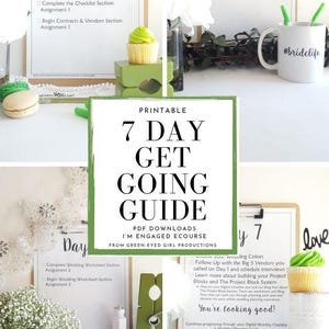 Op de afbeelding: Een trouwplanningsgids met checklists en een 7-daags plan. De afbeelding toont klemborden met checklists voor "Dag 1" en "Dag 2", cupcakes en een mok met "#bridelife". De gids is van Green Eyed Girl Productions.