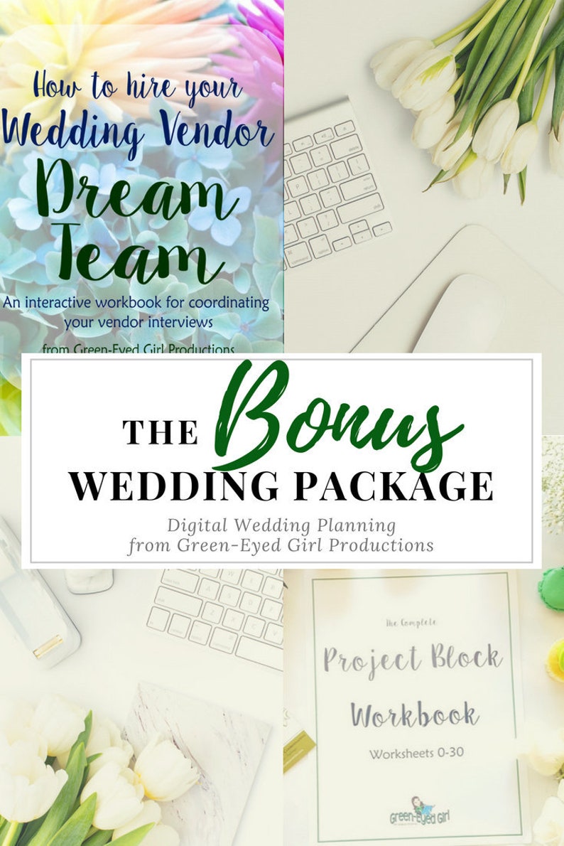 May include: A styled stock photo featuring wedding planning workbooks and a keyboard. The image includes text that reads "How to hire your Wedding Vendor Dream Team" and "The Bonus Wedding Package". White tulips and a laptop are also visible.