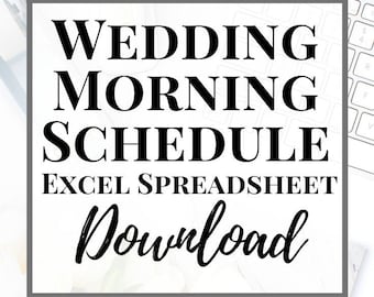 Pode incluir: Gráfico de planejamento de casamento com o texto "WEDDING MORNING SCHEDULE EXCEL SPREADSHEET Download". O texto está em negrito preto sobre um fundo branco. Tulipas brancas e um teclado também são visíveis.