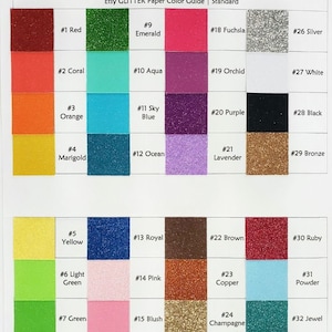 May include: A color chart of 33 different glitter paper colors. The colors are arranged in rows and columns, with each color labeled with a number. The colors include red, orange, yellow, green, blue, purple, pink, brown, black, white, silver, gold, and more.