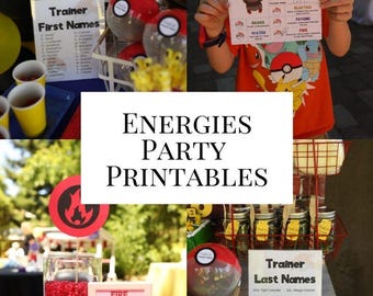 Imprimibles para fiestas de energías / Estaciones de juego de entrenamiento, tarjetas de puntuación, juego de nombres