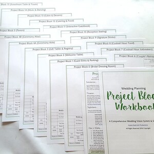 May include: A wedding planning workbook with a green title, "Project Block Workbook," and a stack of project block sheets. The workbook includes a comprehensive wedding vision system and setup guide. The sheets are labeled with wedding-related project titles.
