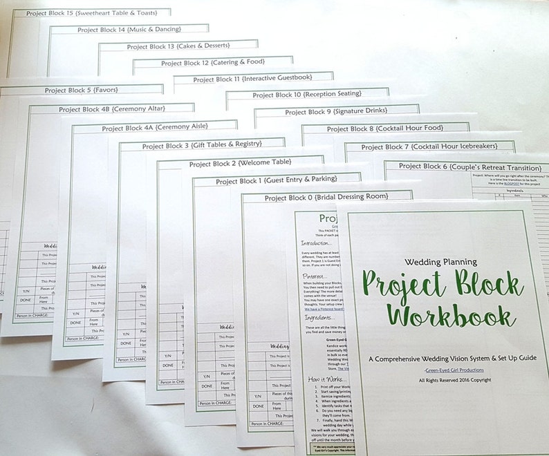May include: A wedding planning workbook with a green title, "Project Block Workbook," and a stack of project block sheets. The workbook includes a comprehensive wedding vision system and setup guide. The sheets are labeled with wedding-related project titles.
