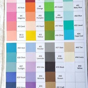 Puede incluir: Una carta de colores con 45 cuadrados de diferentes colores, cada uno con un n&uacute;mero y un nombre. Los colores van del rosa claro al marr&oacute;n oscuro. La carta est&aacute; etiquetada con los n&uacute;meros del 1 al 45.