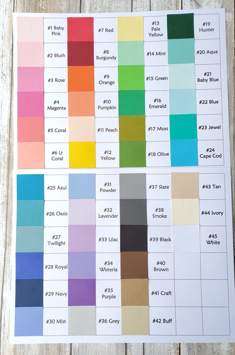 Puede incluir: Una carta de colores con 45 cuadrados de diferentes colores, cada uno con un n&uacute;mero y un nombre. Los colores van del rosa claro al marr&oacute;n oscuro. La carta est&aacute; etiquetada con los n&uacute;meros del 1 al 45.
