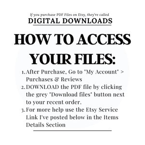 May include: White graphic with black text explaining how to access digital downloads purchased on Etsy. The text includes instructions on finding the files in the user's account and downloading the PDF.