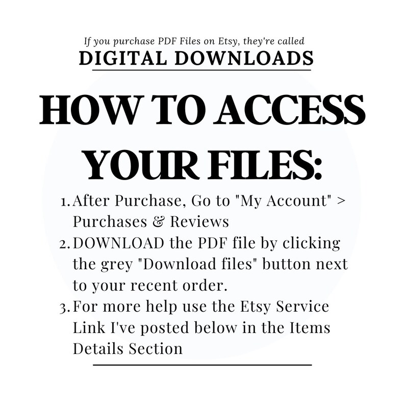 May include: White graphic with black text explaining how to access digital downloads purchased on Etsy. The text includes instructions on finding the files in the user's account and downloading the PDF.
