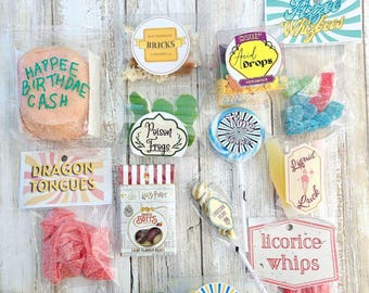 Vintage snoepwinkellabels | Digitale download