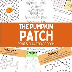 Puede incluir: Juego de escape room imprimible titulado "The Pumpkin Patch" con desafíos, rompecabezas y la palabra "Octubre". Incluye un laberinto, crucigrama y actividad del ciclo de vida de la calabaza. Diseñado por A Cotton Kandi Life.