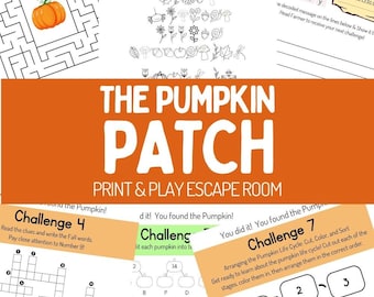 May include: Printable escape room game titled "The Pumpkin Patch" with challenges, puzzles, and the word "October". Includes a maze, crossword, and pumpkin life cycle activity. Designed by A Cotton Kandi Life.