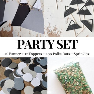 May include: A party set with a mountain theme. It includes a 12-foot banner, 12 cupcake toppers, 200 polka dot confetti, and green and brown confetti.