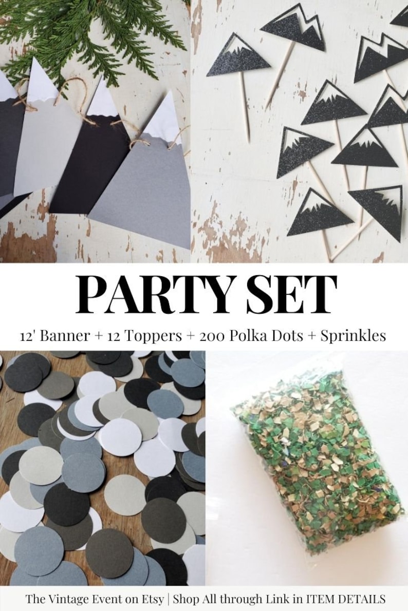 May include: A party set with a mountain theme. It includes a 12-foot banner, 12 cupcake toppers, 200 polka dot confetti, and green and brown confetti.