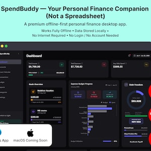 May include: A dark-themed desktop app interface, SpendBuddy, displays financial data. The dashboard shows income, expenses, and budget progress. Text includes "Free All Future Updates" and "Light/dark Mode". Windows and macOS app icons are present.