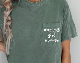 Comfort Colors® Pregnant Girl Summer Shirt Pocket Mama Shirt Pregnancy Reveal Baby Shower Gift for Her Baby Announcement Mother's Day Shirt